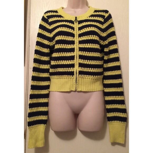 Princess Vera Wang Sweater Jacket Small Bright Yellow Navy Blue Striped - Picture 1 of 12